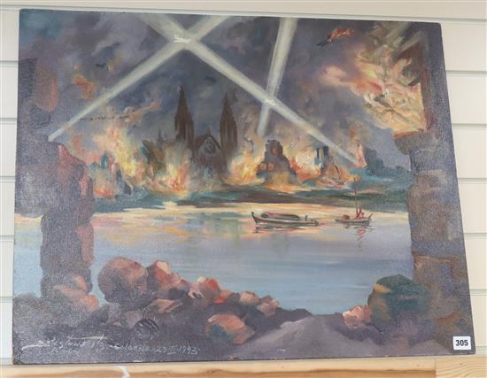 Fritz Boles Tawtrilz, oil on board, Cologne under bombardment, signed and dated 1943, 61 x 76cm, unframed